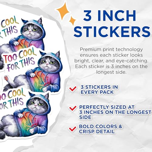 (3 Pack) Cool Cat Decals - Funny Pet Stickers - Laptop Decals - 3 Inches On Longest Side - Easy Peel & Apply - Made in USA - 3MCS7316