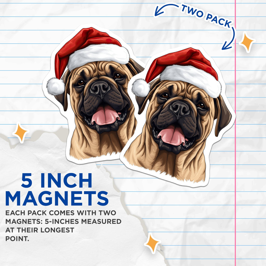 (2 Pack) Bullmastiff Santa Dog Magnets - Christmas Pet Holiday Decor - Festive Animal Fridge Locker Magnet - 5 Inches On Longest Side - Thick Durable Magnet - Made in USA - MAG26309