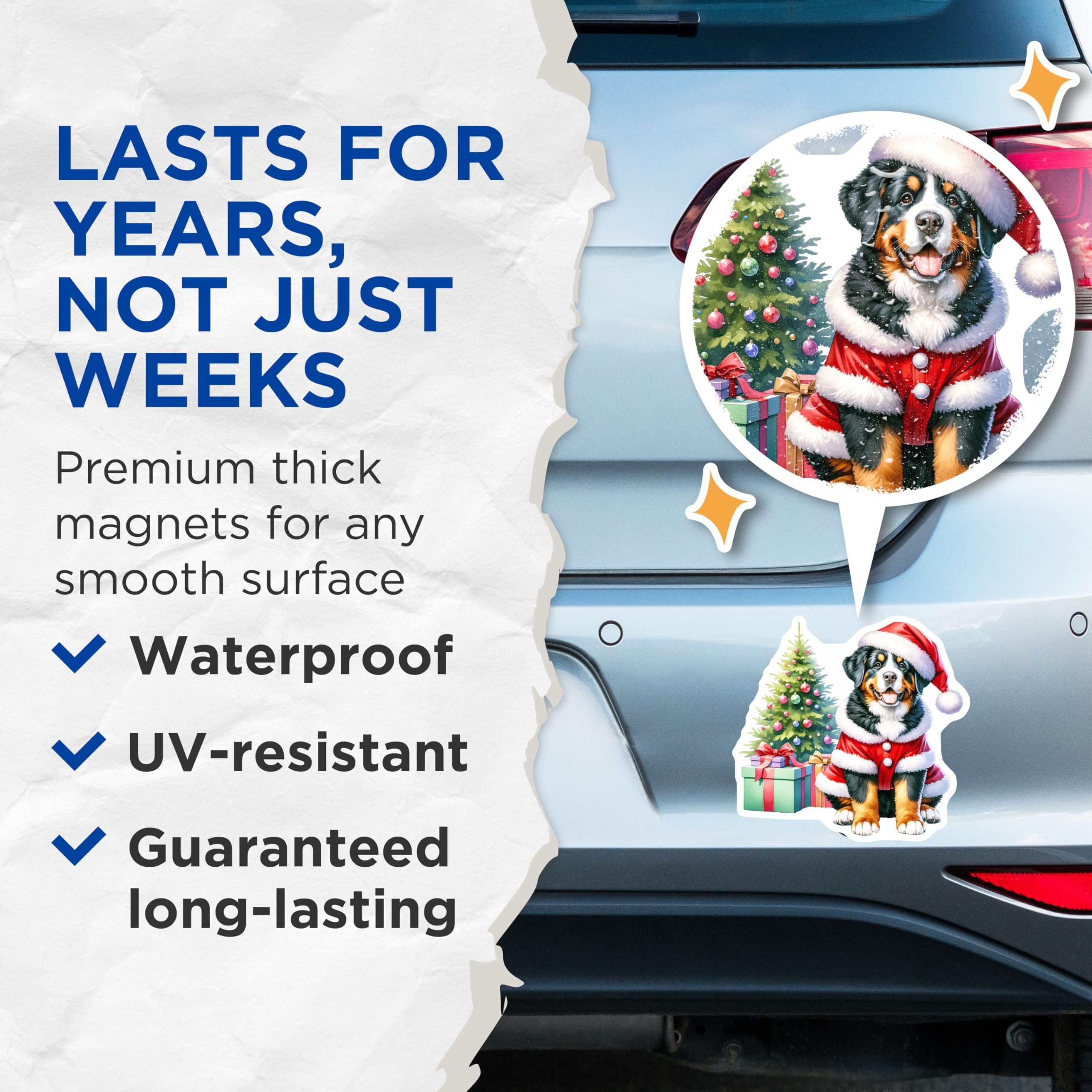 (2 Pack) Bernese Mountain Dog Magnets - Christmas Dog Decor - Santa Puppy Refrigerator Art - Pet Lover Winter - 5 Inches On Longest Side - Thick Durable Magnet - Made in USA - MAG25392