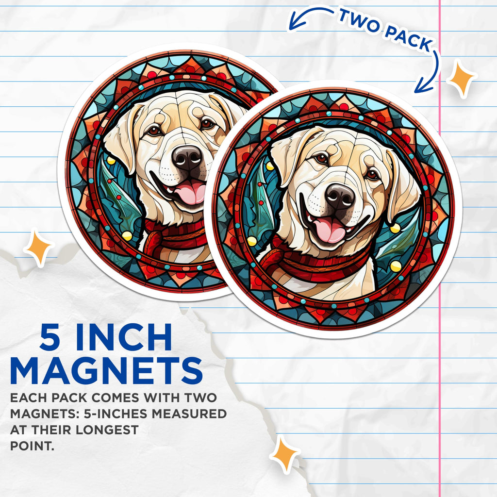 (2 Pack) Christmas Labrador Magnets - Golden Retriever Stained Glass Dog - Festive Winter Pet Decor - 5 Inches On Longest Side - Thick Durable Magnet - Made in USA - MAG27206