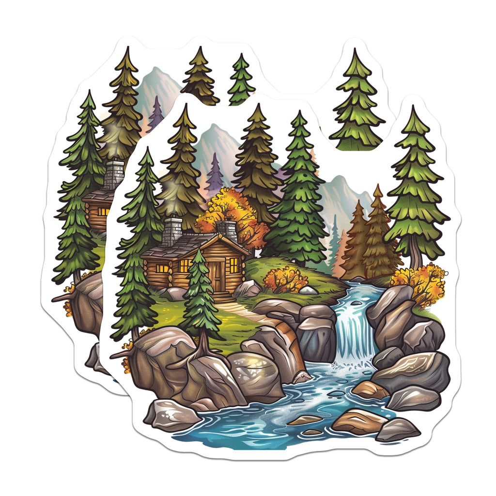 (2 Pack) Log Cabin Magnets - Forest Waterfall - Rustic Nature Scene - 5 Inches On Longest Side - Thick Durable Magnet - Made in USA - MAG38307