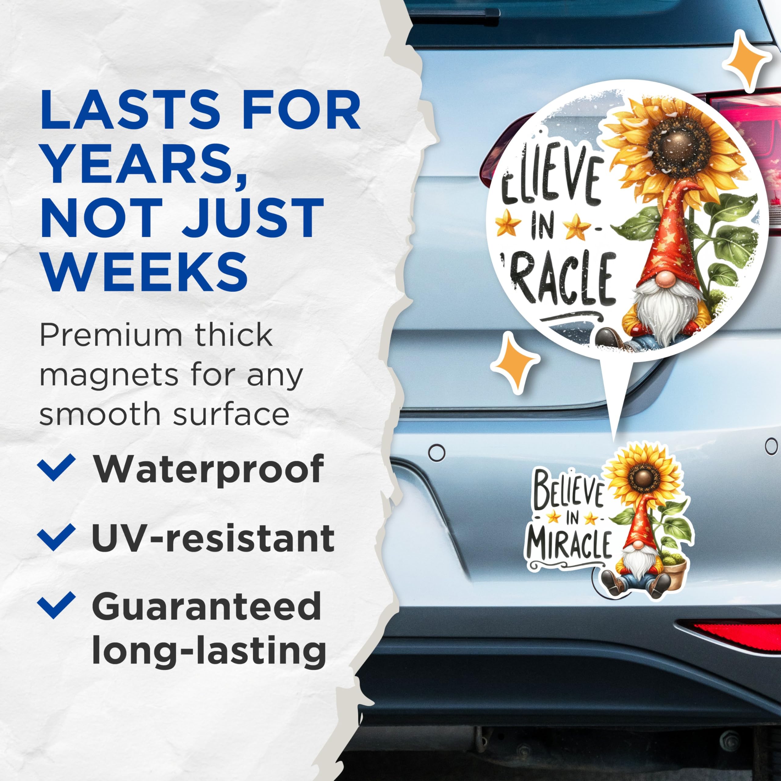 (2 Pack) Gnome Sunflower Magnet Set - Believe in Miracle Magnets - Inspirational Quote Magnets- 5" On Longest Side - for Fridges, Toolboxes, Cars - Made in USA - MAG2902
