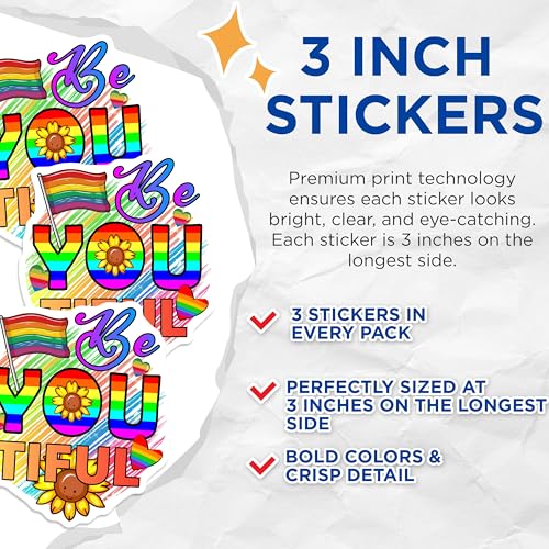 (3 Pack) LGBTQ Pride Decals - Be You Tiful - Sunflower Decals - 3 Inches On Longest Side - Easy Peel & Apply - Made in USA - 3MCS7943