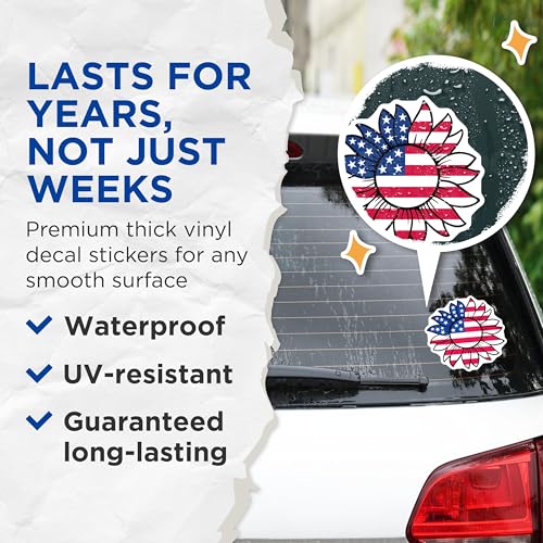 (2 Pack) American Flag Sunflower Stickers - Patriotic Flower - USA Floral Design - 5" On Longest Side - Sticks to Smooth Flat Surfaces - Made in USA - BMCS6317