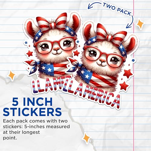 (2 Pack) Llama America Stickers - Patriotic Llama Stickers - Cute Llama Art Stickers - 5" On Longest Side - Sticks to Any Smooth Flat Surface - Made in USA - BMCS2720