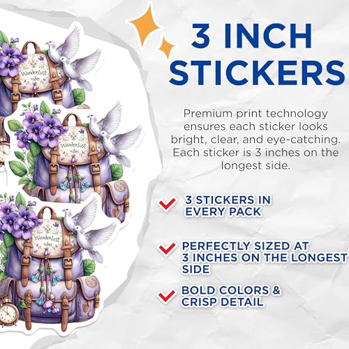 (3 Pack) Wanderlust Vibes Decals - Laptop Decals - Flower Stickers - 3 Inches On Longest Side - Easy Peel & Apply - Made in USA - 3MCS7615