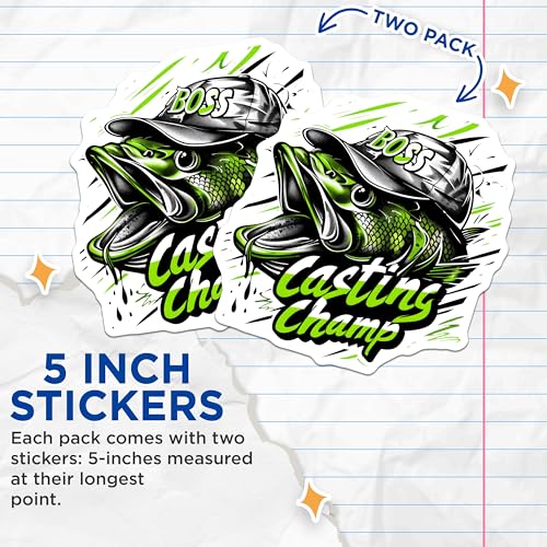 (2 Pack) Boss Fishing Stickers - Casting Champ Stickers - Angler Catch Stickers - 5" On Longest Side - Sticks to Any Smooth Flat Surface - Made in USA - BMCS3377