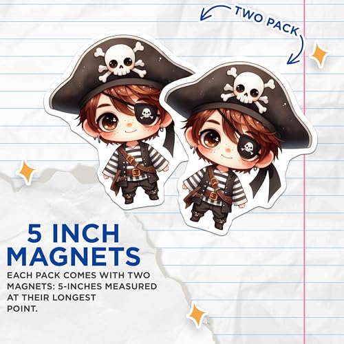 (2 Pack) Cute Pirate Magnets - Adorable Pirate Illustration - Fun Decorative Magnets for Fridge - Pirate-Themed Magnet Set - 5" On Longest Side - for Cars, Fridges, Toolboxes - Made in USA - MAG6789