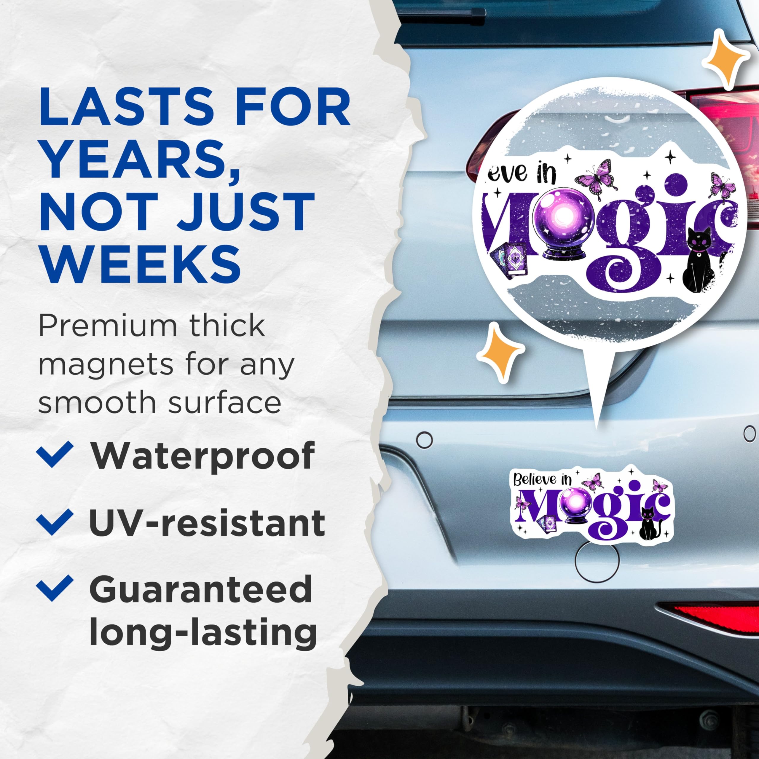 (2 Pack) Believe in Magic Magnets - Cute Purple Butterflies - Whimsical Cat and Crystal Decor - 5" On Longest Side - for Cars, Fridges, Toolboxes - Made in USA - MAG8071