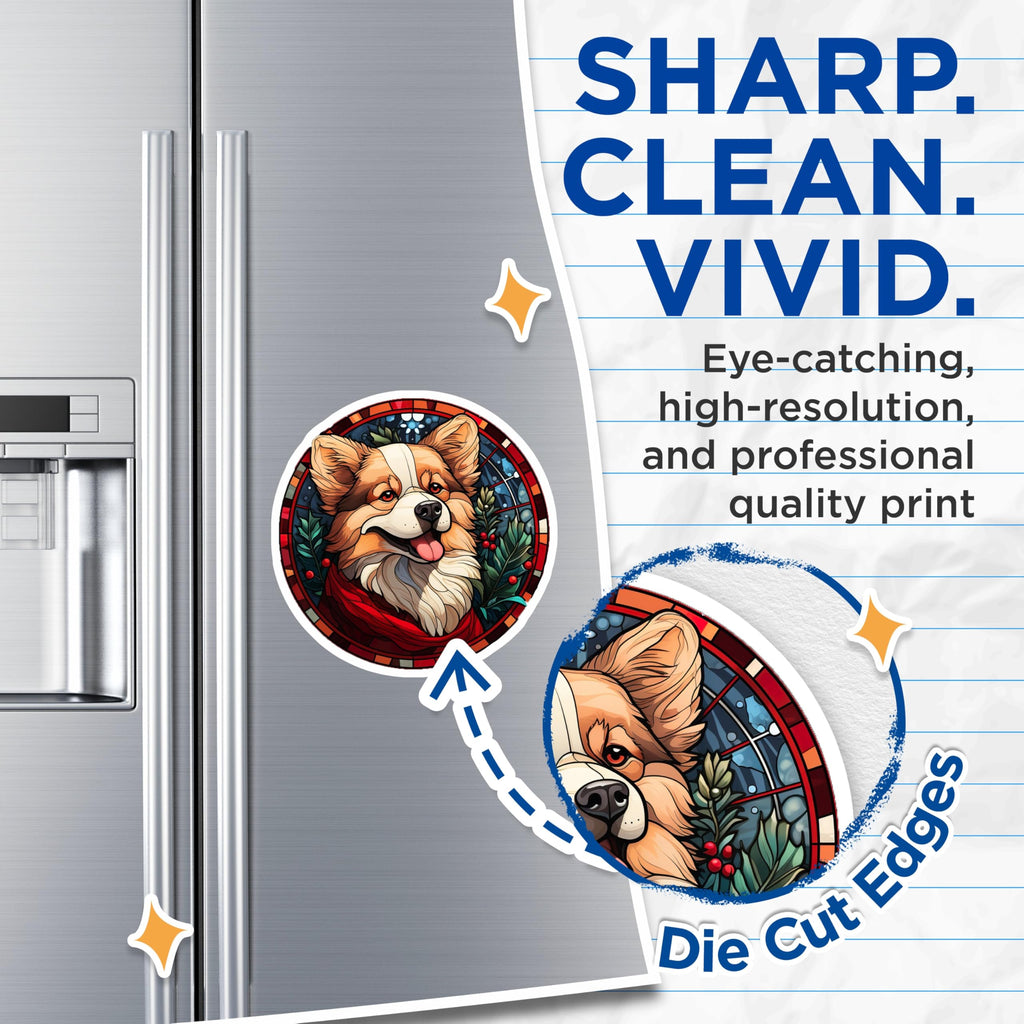 (2 Pack) Corgi Dog Magnets - Stained Glass Art - Holiday Christmas Decor - Pet Lover Refrigerator Magnets - 5 Inches On Longest Side - Thick Durable Magnet - Made in USA - MAG28816
