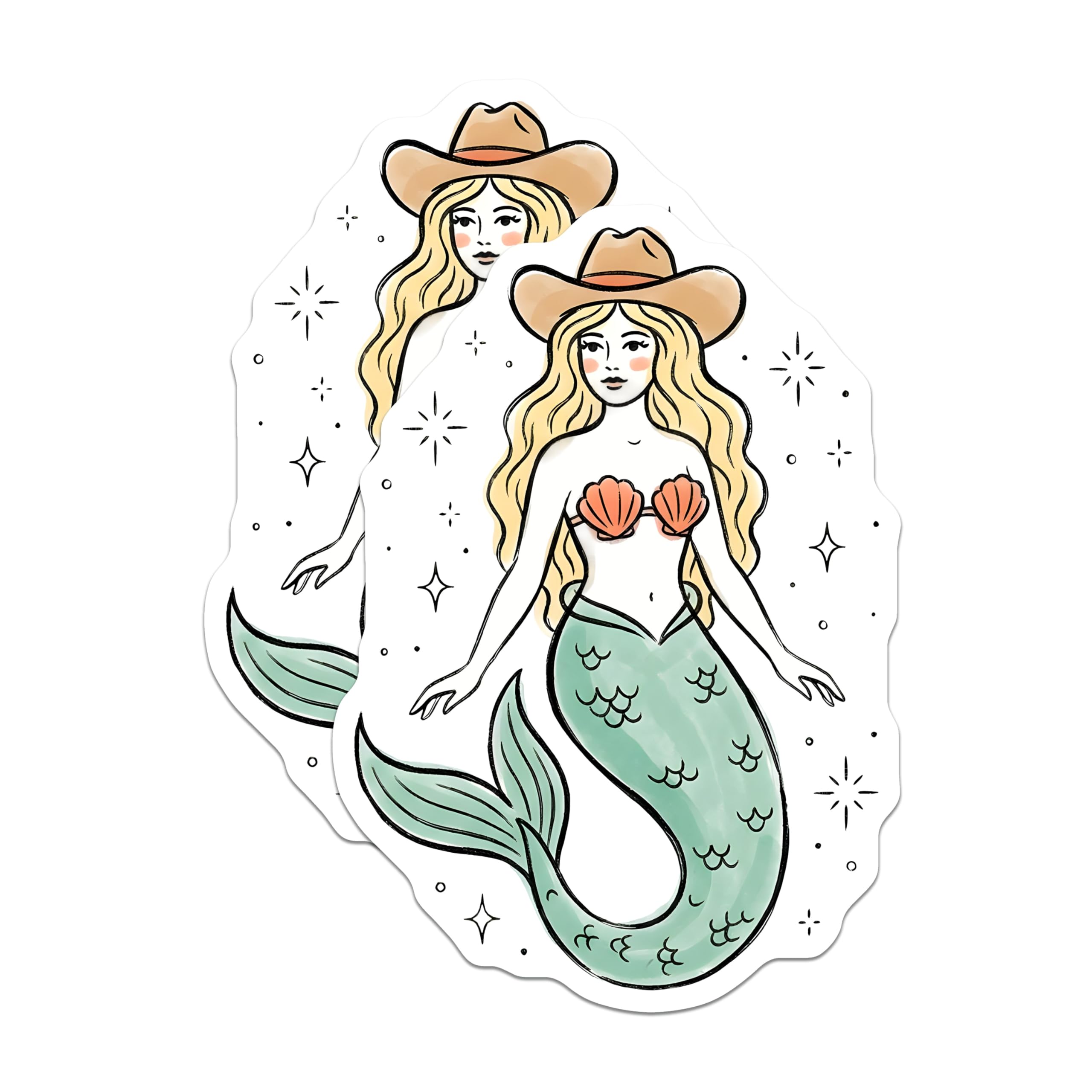 (2 Pack) Cowgirl Mermaid Magnets - Western Art - Fantasy Home Decor - 5" On Longest Side - Premium Magnet - for Cars, Refrigerators, Toolboxes, Lockers - Made in USA - MAG16283