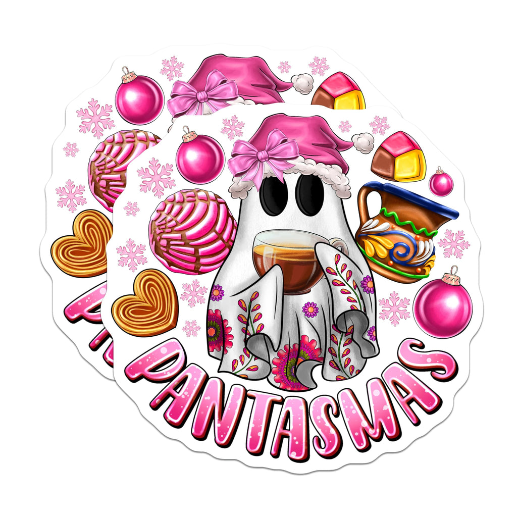 (2 Pack) Fantasmas Ghost Magnets - Mexican Pan Dulce Decor - Cozy Winter Holiday Scene - Pink Christmas Ornaments - 5 Inches On Longest Side - Thick Durable Magnet - Made in USA - MAG23669