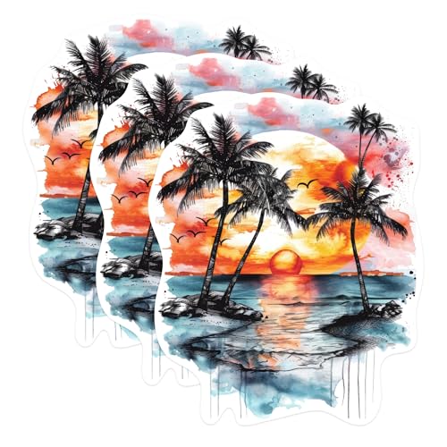 (3 Pack) Palm Trees Sunset Decals - Beach View Stickers - Laptop Decal - 3 Inches On Longest Side - Easy Peel & Apply - Made in USA - 3MCS0607