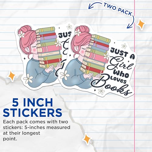 (2 Pack) Just a Girl Who Loves Books Stickers - Book Lover - Bookworm Vinyl Decal - 5" On Longest Side - Sticks to Smooth Flat Surfaces - Made in USA - BMCS6884