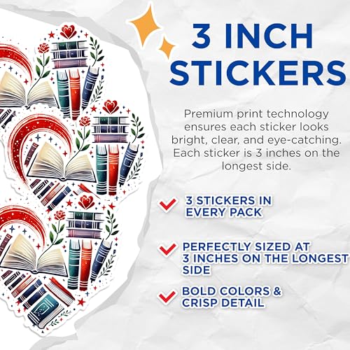 (3 Pack) Heart Books Decals - Book Lover Sticker - Reader Gift Decals - 3 Inches On Longest Side - Easy Peel & Apply - Made in USA - 3MCS1576