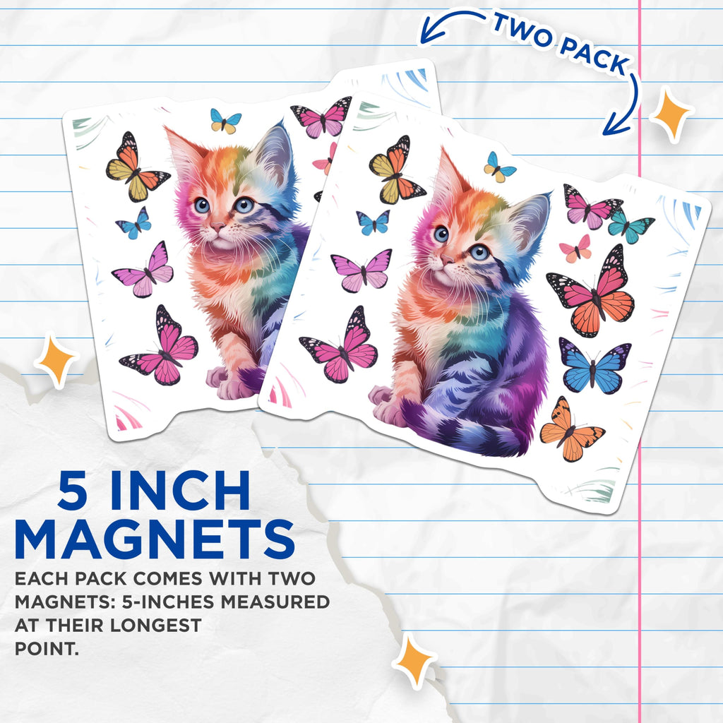 (2 Pack) Rainbow Kitten Magnets - Colorful Butterfly Decor - Whimsical Cat Fridge Art - Cute Animal Magnetic Accents - 5 Inches On Longest Side - Thick Durable Magnet - Made in USA - MAG20933