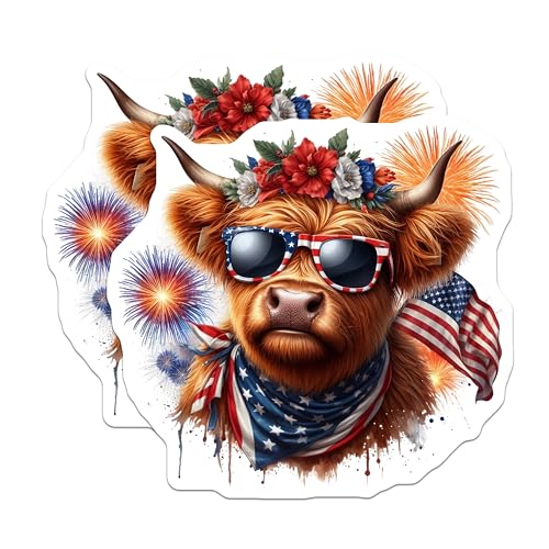 (2 Pack) Highland Cow Stickers - Patriotic Animal Art - Fourth of July Celebration - 5" On Longest Side - Sticks to Smooth Flat Surfaces - Made in USA - BMCS6367