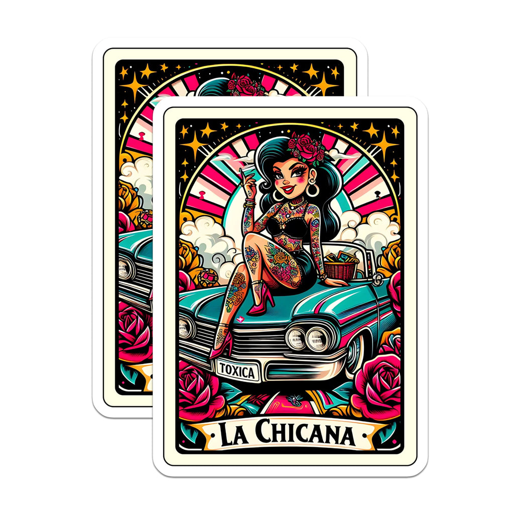 (2 Pack) La Chicana Stickers - Retro Tattoo Art Stickers - Vintage Car Art Stickers - Chicana Art Stickers - 5" On Longest Side - Sticks to Smooth Flat Surfaces - Made in USA - BMCS5131