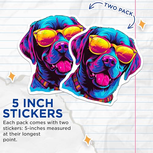 (2 Pack) Cool Dog Stickers - Neon Dog Art - Colorful Sunglasses Dog - 5" On Longest Side - Sticks to Smooth Flat Surfaces - Made in USA - BMCS7240