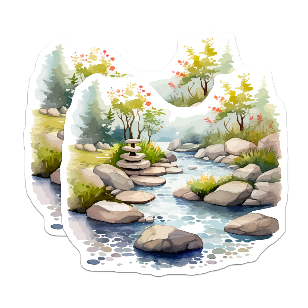 (2 Pack) Japanese Garden River Landscape Magnets - Zen Stacked Stones Nature Art - Serene Watercolor Tranquil Scene Decor - 5 Inches On Longest Side - Thick Durable Magnet - Made in USA - MAG19957