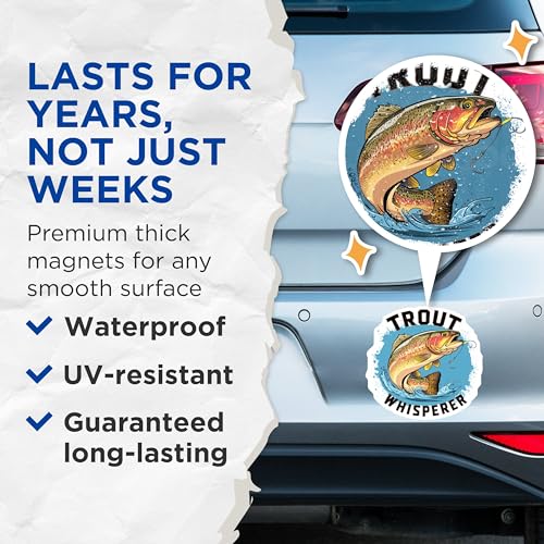 (2 Pack) Trout Whisperer Magnets - Fisherman's Fridge - Rainbow Trout Fishing Enthusiast Gift - Outdoor Fishing Magnet - 5" On Longest Side - for Cars, Fridges, Toolboxes - Made in USA - MAG4525