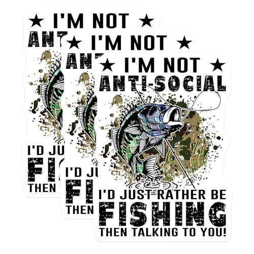 (3 Pack) Fishing Decals - Anti Social Fishing Quote - Funny Fisherman Laptop Decal - 3 Inches On Longest Side - Easy Peel & Apply - Made in USA - 3MCS4346