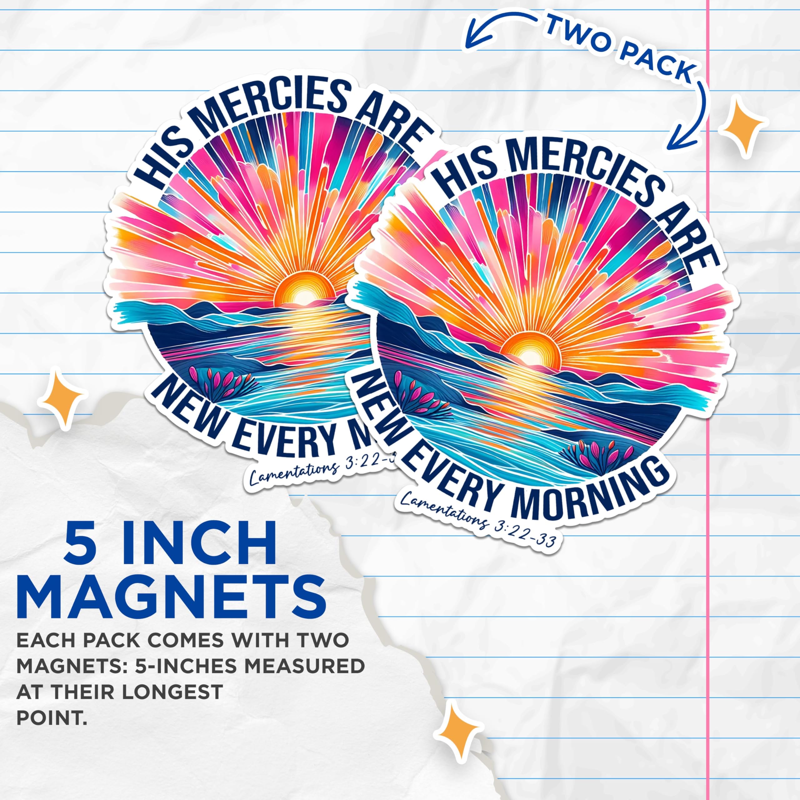 (2 Pack) Inspirational Quote Magnets - His Mercies are New Every Morning Magnets - Bible Verse Magnets - Sun and Sea Magnets- 5" On Longest Side - for Fridges, Toolboxes, Cars - Made in USA - MAG2825