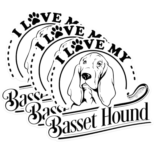 (3 Pack) Basset Hound Decals - Dog Breed Stickers - I Love My Basset Hound - Laptop Decals - 3 Inches On Longest Side - Easy Peel & Apply - Made in USA - 3MCS1751