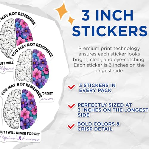 (3 Pack) Alzheimers Awareness Decals - Brain with Flowers - Never Forget Stickers - 3 Inches On Longest Side - Easy Peel & Apply - Made in USA - 3MCS8558