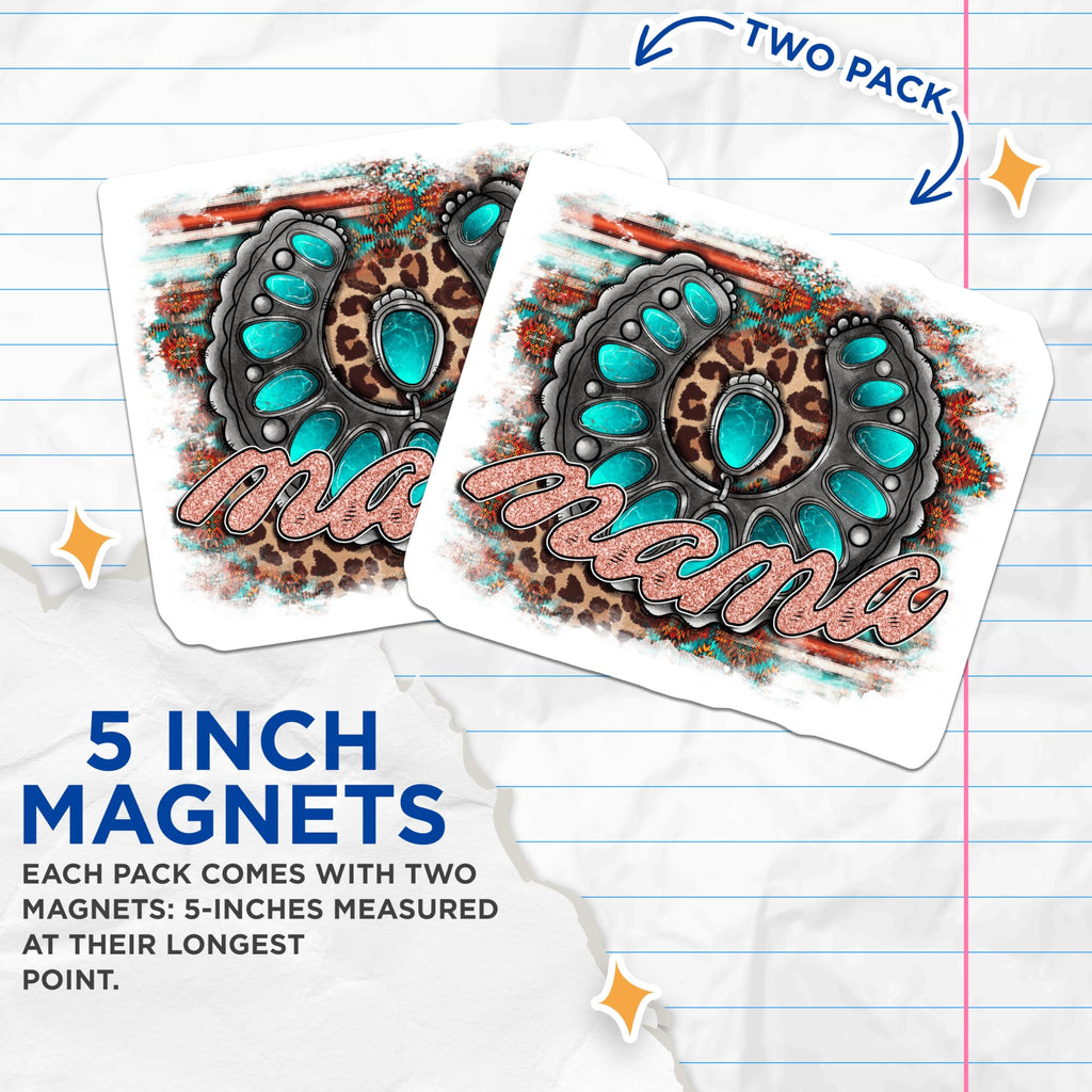 (2 Pack) Mama Magnets - Western Concho Turquoise Style - Leopard Print Aztec Boho Decor - Country Cowgirl Fridge Accessory - 5 Inches On Longest Side - Thick Durable Magnet - Made in USA - MAG23977