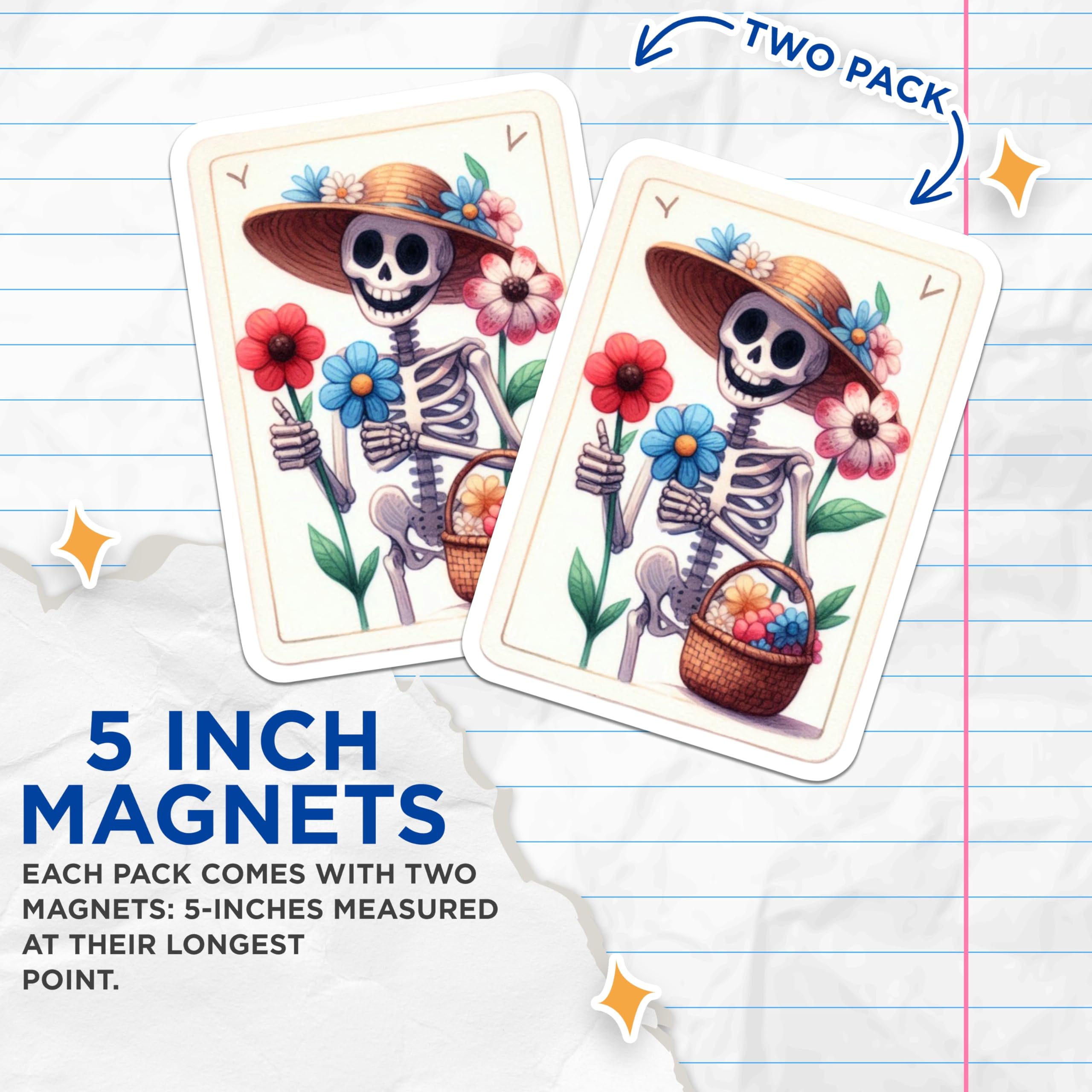 (2 Pack) Smiling Skeleton Magnets - Floral Calavera Art - Day of the Dead Decor - Whimsical Home Kitchen Locker Accessories - 5 Inches On Longest Side - Thick Durable Magnet - Made in USA - MAG20463