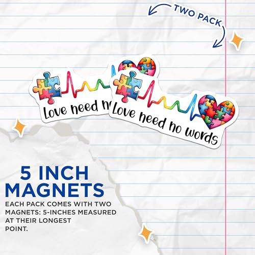 (2 Pack) Autism Awareness Magnets - Puzzle Piece Magnets - Love Need No Words Magnets for Car or Fridge - 5" On Longest Side - for Cars, Refrigerators, Toolboxes, Lockers - Made in USA BMCS3204