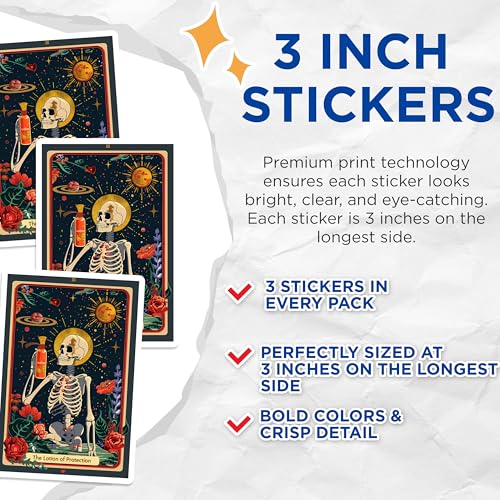 (3 Pack) Tarot Card Decals - Skeleton Lotion Protection - Laptop Stickers - 3 Inches On Longest Side - Easy Peel & Apply - Made in USA - 3MCS0010