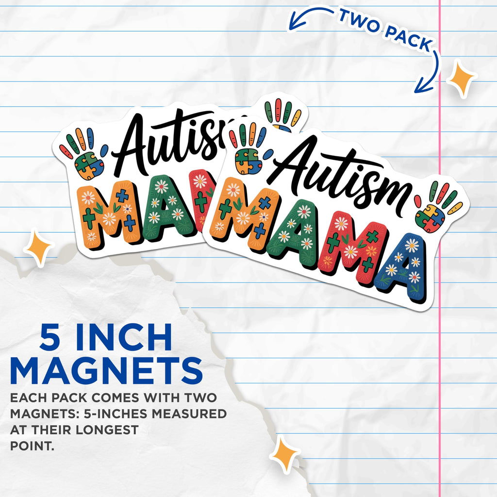 (2 Pack) Autism Mama Magnets - Autism Awareness - Puzzle Piece Hand - Special Needs Support - Neurodiversity Ally - 5 Inches On Longest Side - Thick Durable Magnet - Made in USA - MAG22046