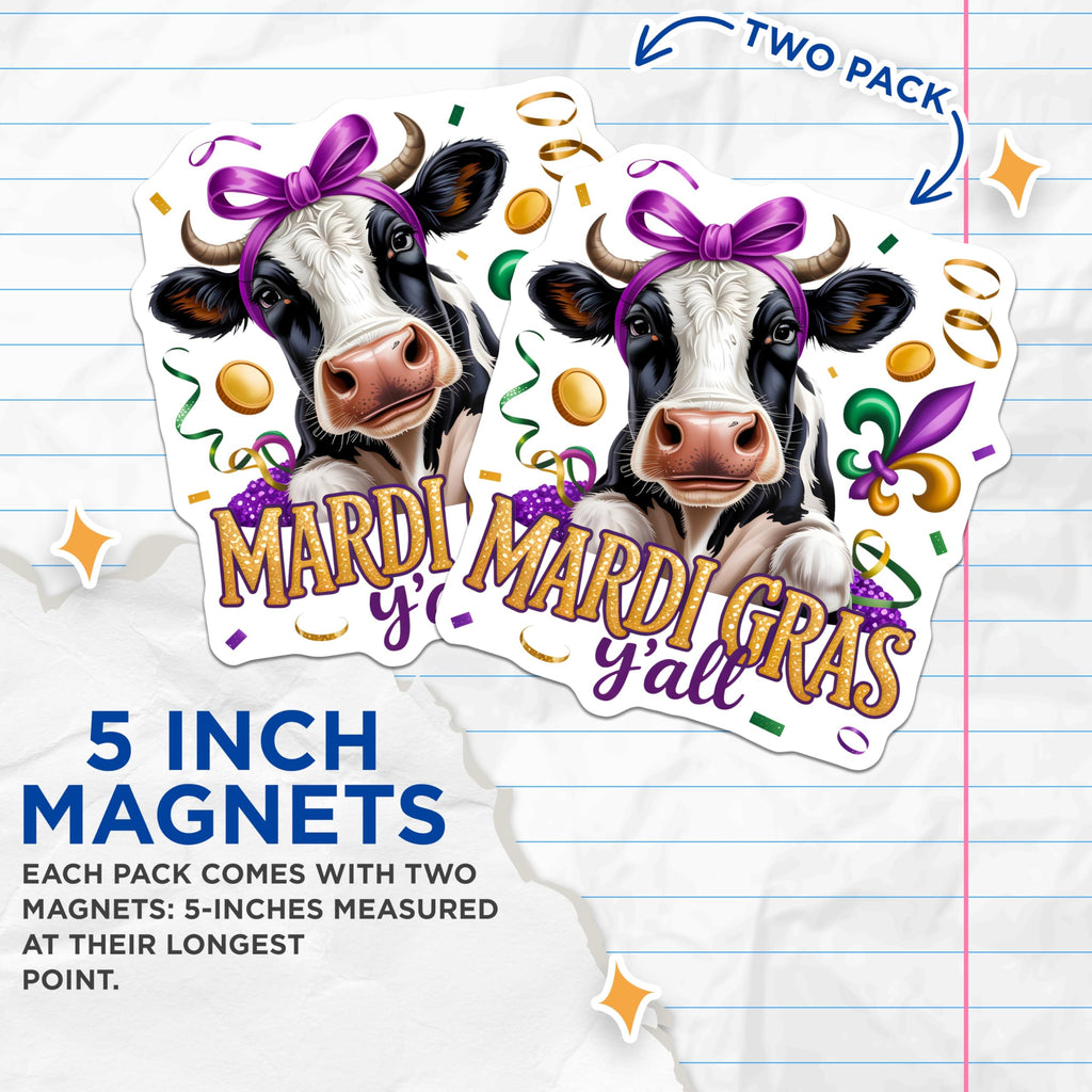 (2 Pack) Mardi Gras Cow Magnets - Festive Farmhouse Decor - New Orleans Celebration Item - Louisiana Party Favors - 5 Inches On Longest Side - Thick Durable Magnet - Made in USA - MAG26647