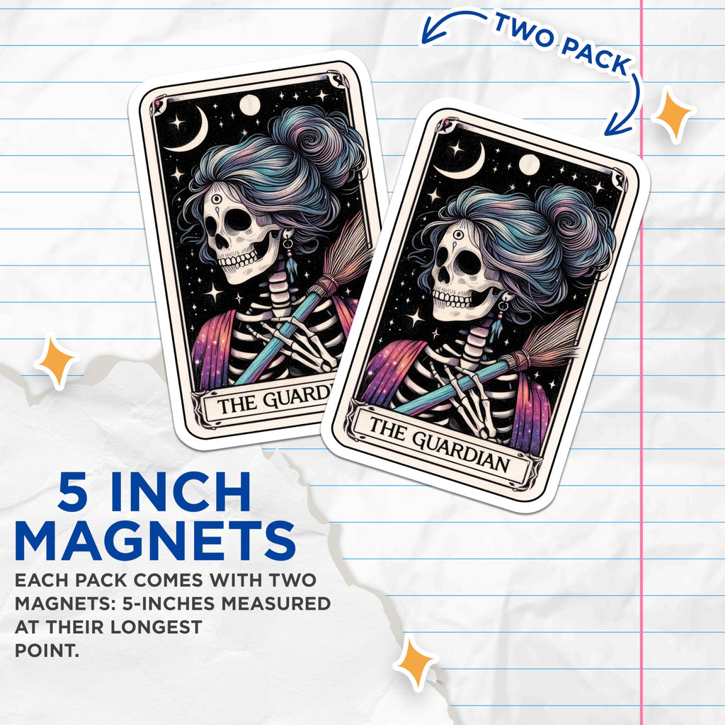 (2 Pack) Skeleton Guardian Magnets - Tarot Card Art - Witchy Celestial Decor - 5 Inches On Longest Side - Thick Durable Magnet - Made in USA - MAG23227