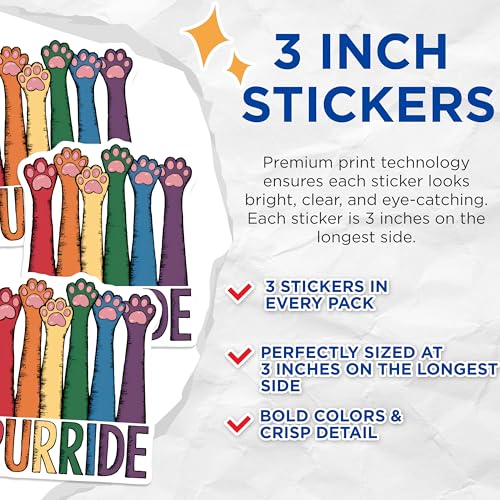 (3 Pack) Purride Decals - Pride Cat Paw - LGBTQ Decal - 3 Inches On Longest Side - Easy Peel & Apply - Made in USA - 3MCS8314