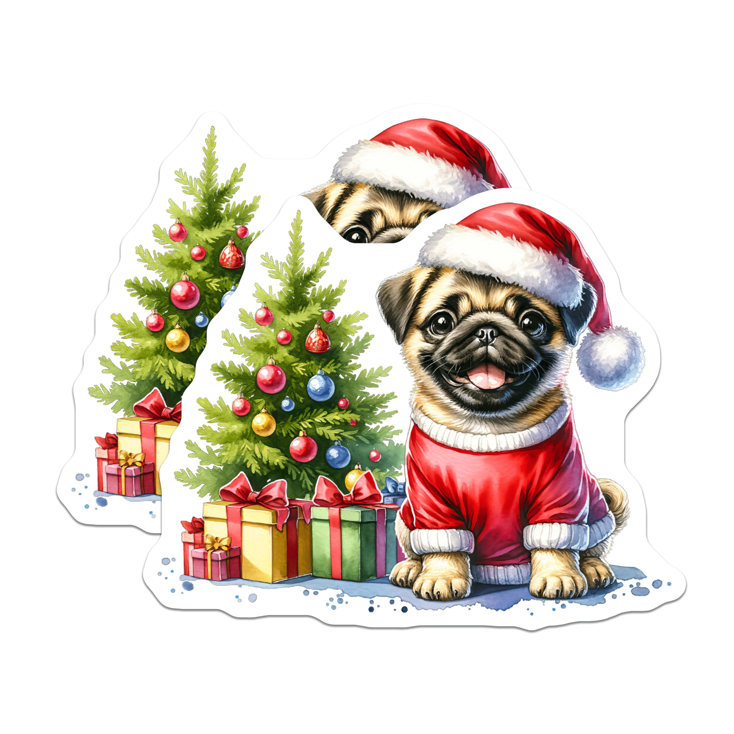 (2 Pack) Cute Pug Christmas Magnets - Holiday Dog Decor - Festive Pet Parent Appliance Accent - 5 Inches On Longest Side - Thick Durable Magnet - Made in USA - MAG29279