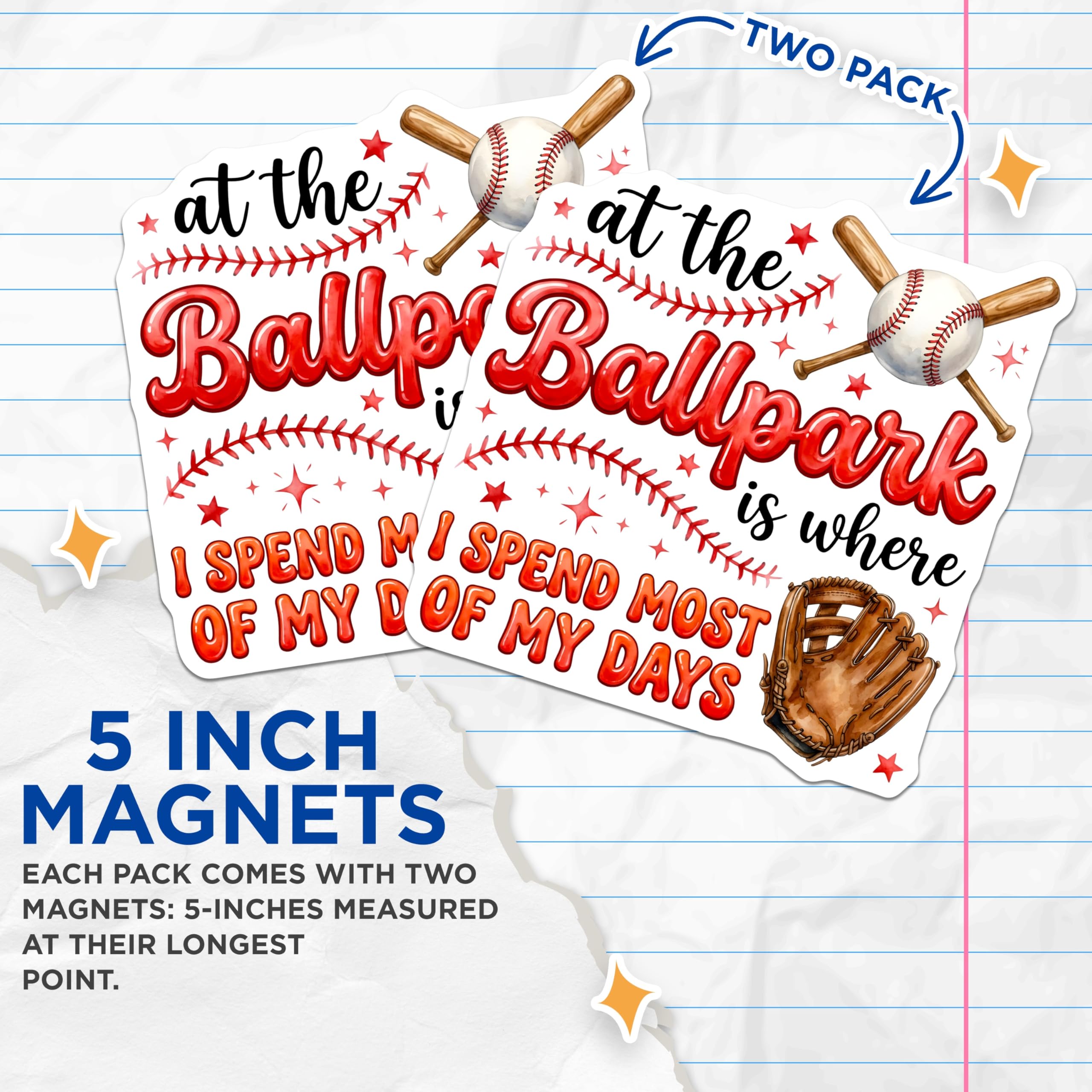 (2 Pack) Ballpark Baseball Magnets - Baseball Mom Dad Decor - Game Day Fridge Accessories - 5 Inches On Longest Side - Thick Durable Magnet - Made in USA - MAG27484