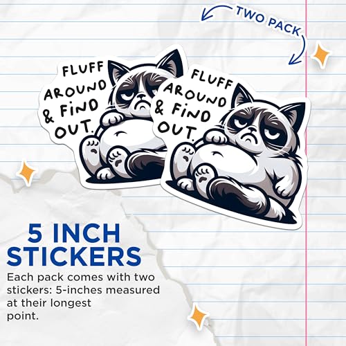 (2 Pack) Grumpy Cat Stickers - Fluff Around Find Out - Funny Hilarious - 5" On Longest Side - Sticks to Smooth Flat Surfaces - Made in USA - BMCS7347