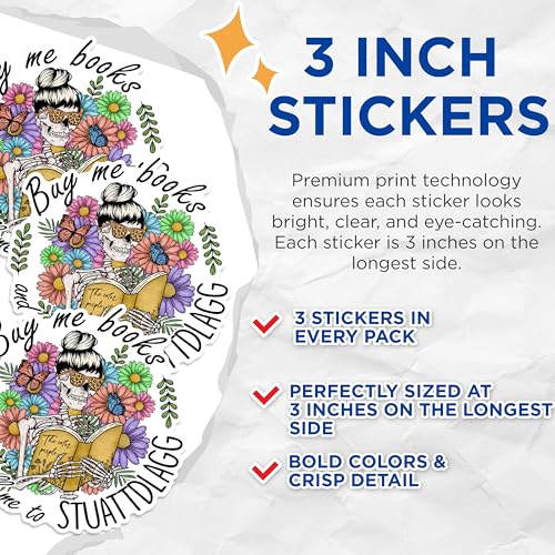 (3 Pack) Buy Me Books Decals - Skeleton Reader Stickers - Laptop Decal - 3 Inches On Longest Side - Easy Peel & Apply - Made in USA - 3MCS1663