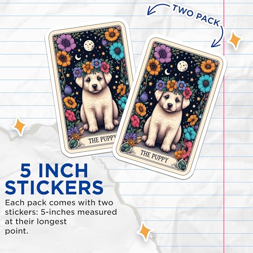 (2 Pack) Puppy Stickers - Adorable Puppy Floral Stickers - Cute Dog Stickers - 5" On Longest Side - Sticks to Smooth Flat Surfaces - Made in USA - BMCS5484