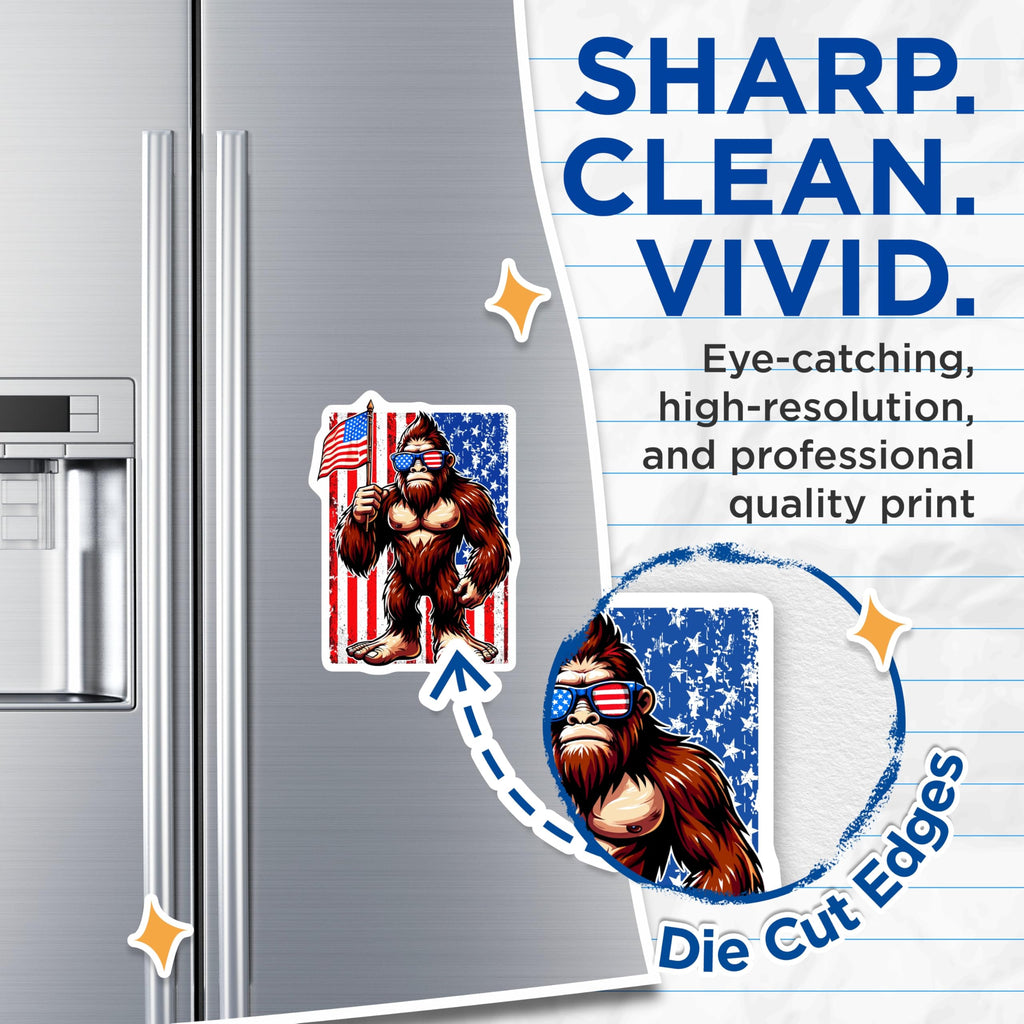 (2 Pack) Patriotic Bigfoot Magnets - Sasquatch Americana Decor - Funny US Flag Cryptid Magnets - 5 Inches On Longest Side - Thick Durable Magnet - Made in USA - MAG21307