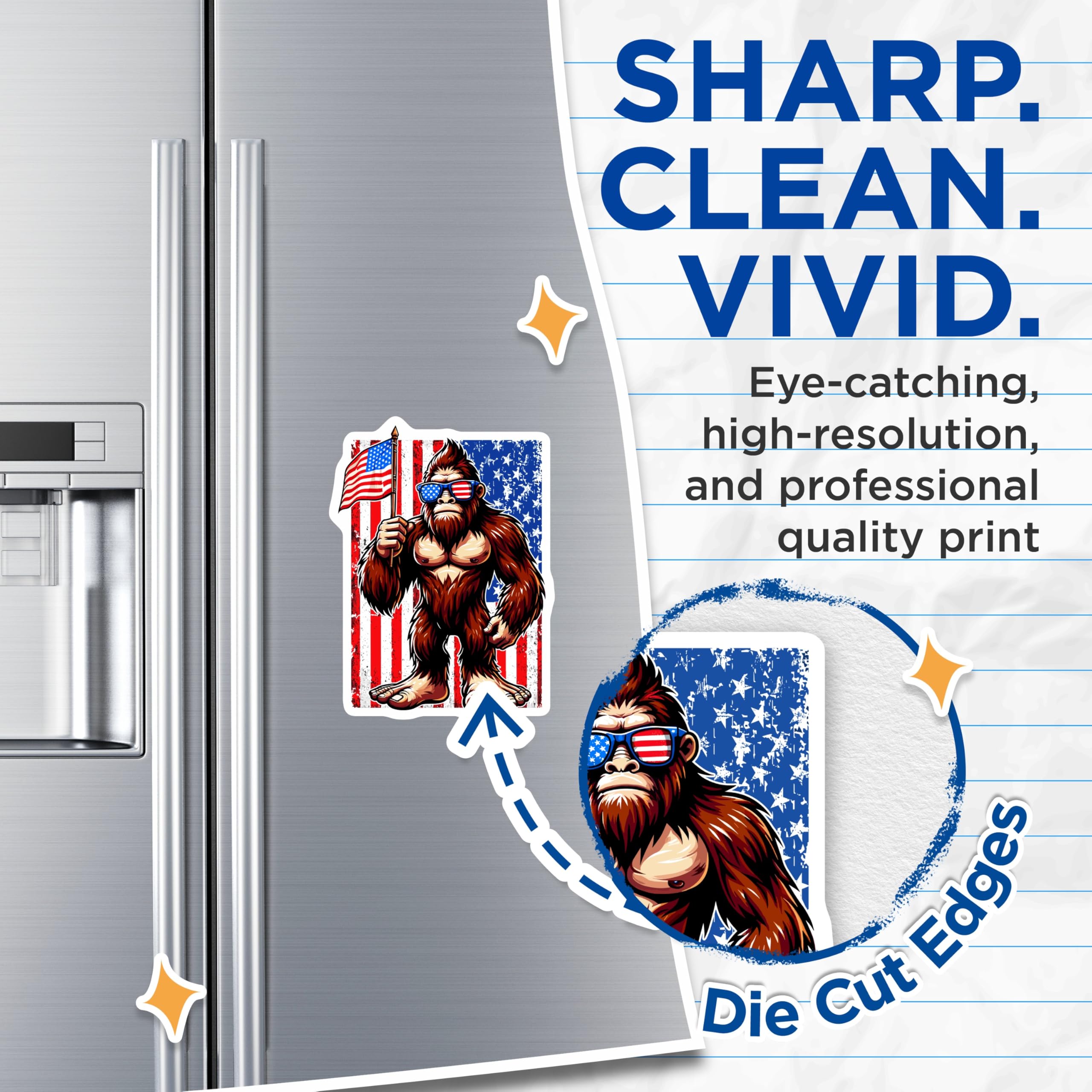 (2 Pack) Patriotic Bigfoot Magnets - Sasquatch Americana Decor - Funny US Flag Cryptid Magnets - 5 Inches On Longest Side - Thick Durable Magnet - Made in USA - MAG21307