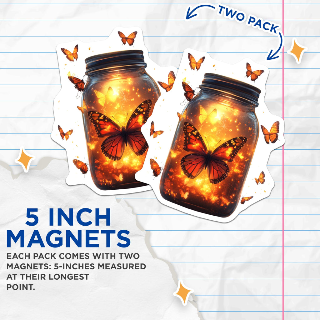 (2 Pack) Butterfly Jar Magnets - Enchanted Monarch Fairycore Home Decor - Whimsical Refrigerator Magnets - 5 Inches On Longest Side - Thick Durable Magnet - Made in USA - MAG26425