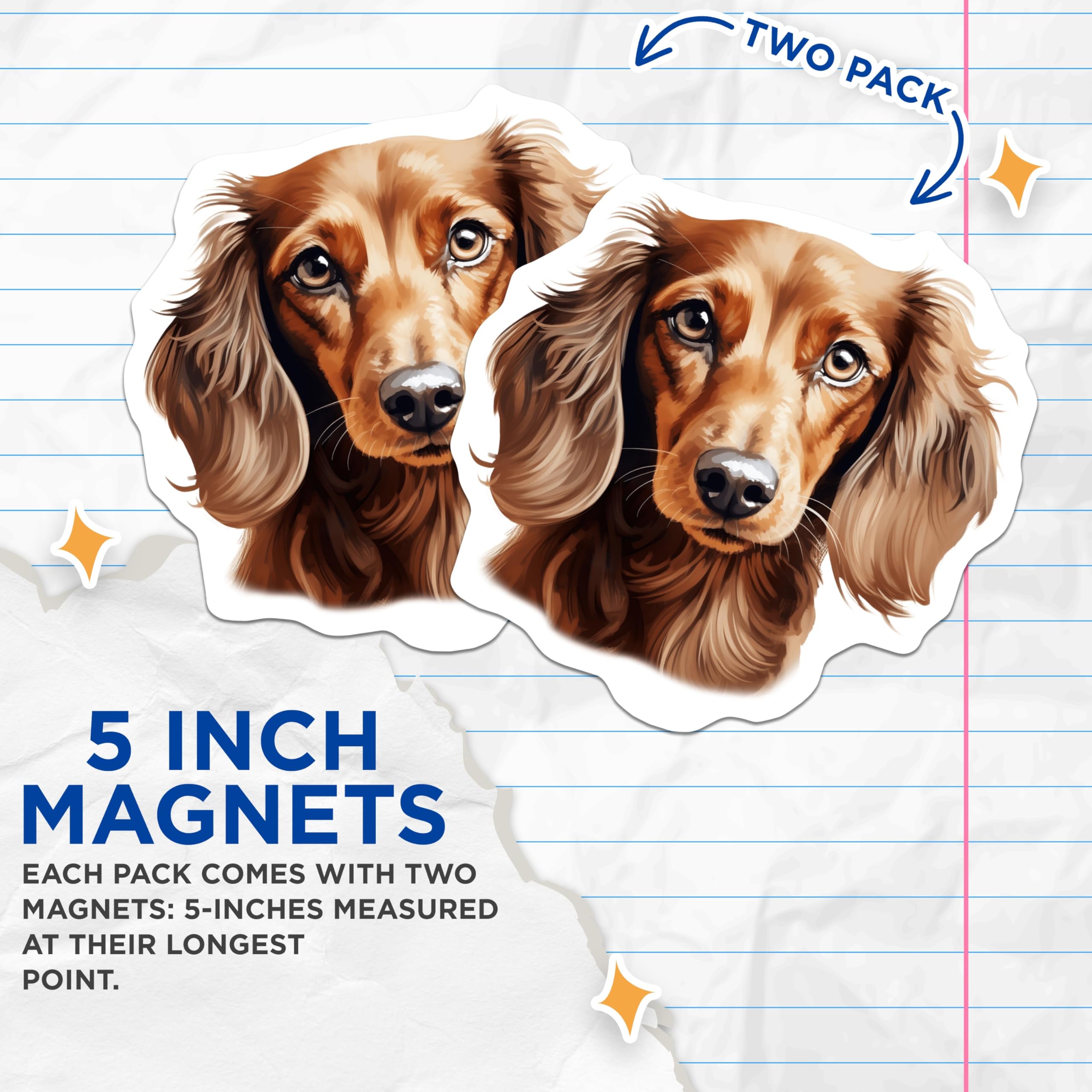 (2 Pack) Long Haired Dachshund Magnets - Red Dachshund Art - Wiener Dog Lover Decor - Sausage Dog Head Magnet - 5 Inches On Longest Side - Thick Durable Magnet - Made in USA - MAG24785
