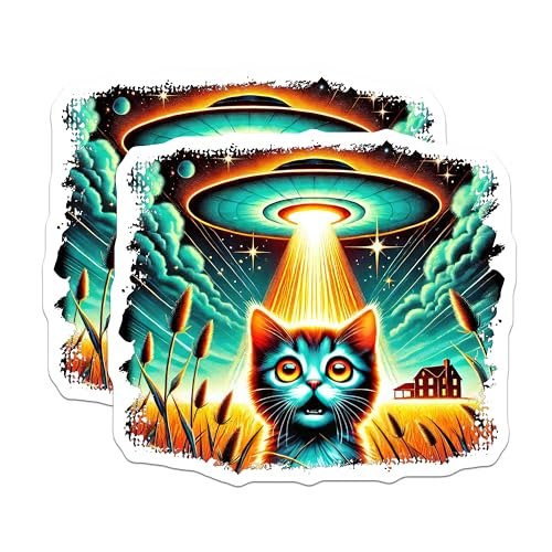 (2 Pack) UFO Cat Stickers - Alien Abduction Stickers - Funny Cat Stickers - 5" On Longest Side - Sticks to Smooth Flat Surfaces - Made in USA - BMCS5718