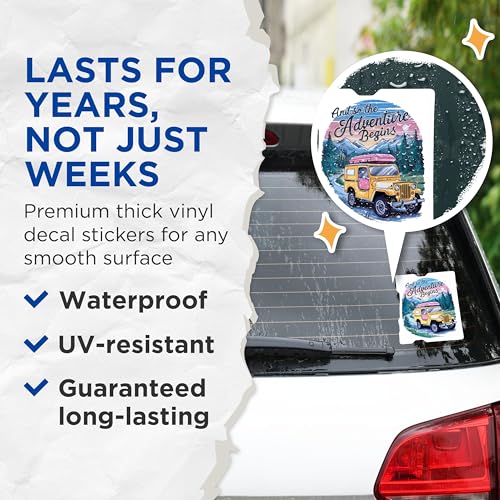 (2 Pack) Adventure Begins Stickers - Outdoor Journey Stickers - Vintage Travel Car Stickers - 5" On Longest Side - Sticks to Smooth Flat Surfaces - Made in USA - BMCS4060