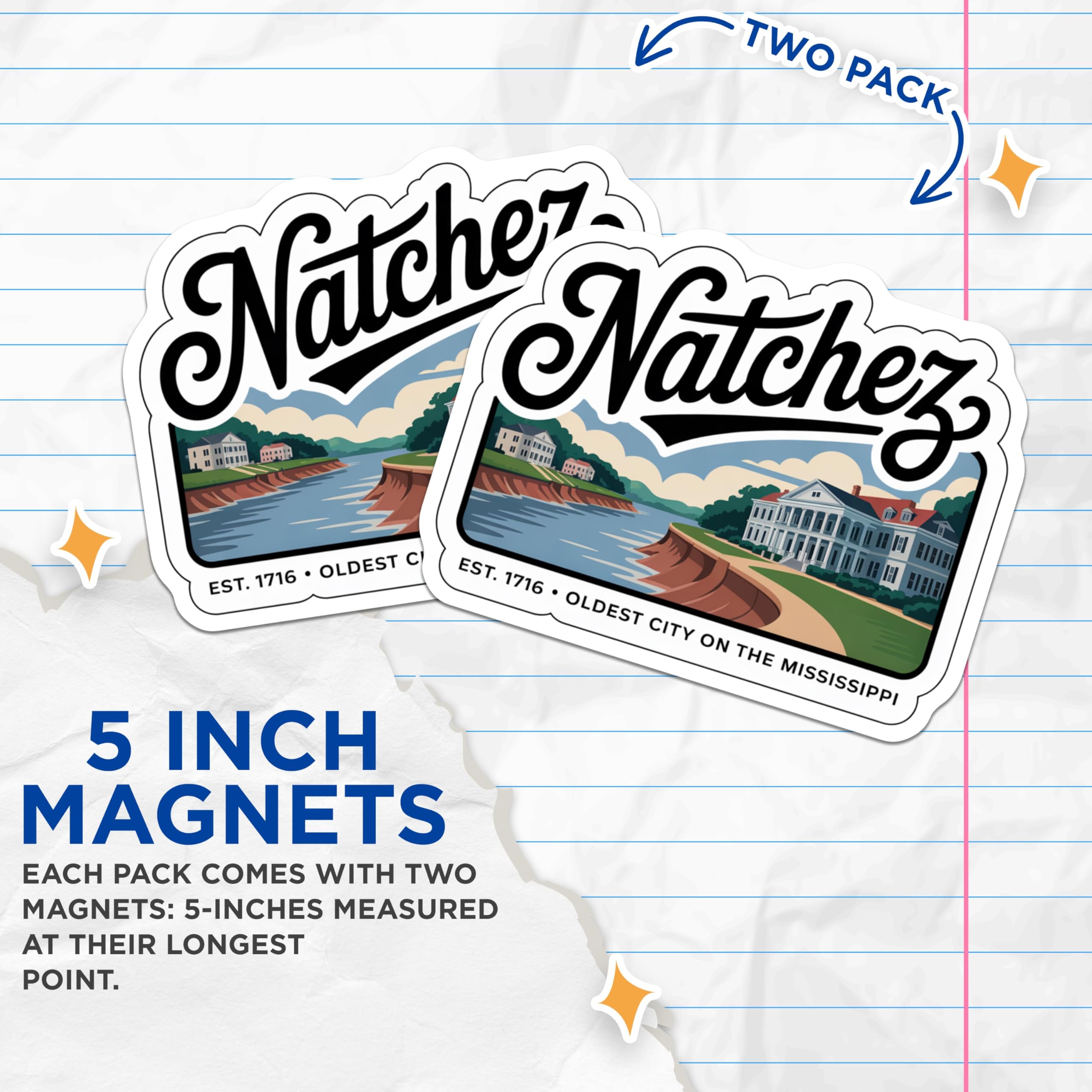 (2 Pack) Natchez Mississippi Magnets - Oldest City - River Town Souvenir - 5" On Longest Side - Premium Magnet - for Cars, Refrigerators, Toolboxes, Lockers - Made in USA - MAG18854