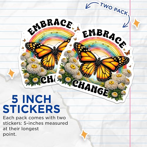 (2 Pack) Embrace Change Stickers - Butterfly Rainbow Art - Inspirational Quote Stickers - 5" On Longest Side - Sticks to Smooth Flat Surfaces - Made in USA - BMCS9735